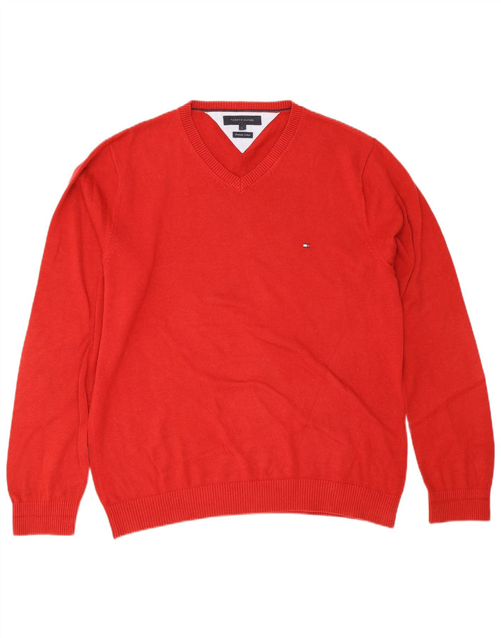Tommy Hilfiger Herren-Pullover mit V-Ausschnitt, groß, rote Baumwolle