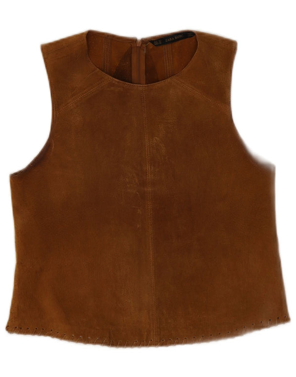Zara Damen Ärmelloses Wildleder-Blusenoberteil UK 6 XS Beige Leder