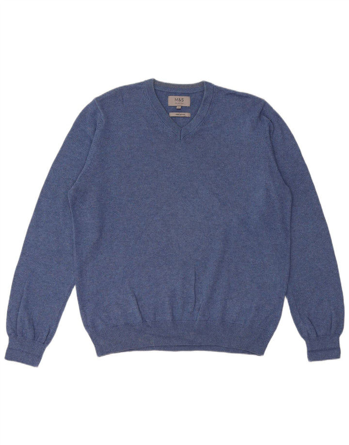 MARKS & SPENCER Mens V-Neck Jumper Sweater Medium Blue Cotton