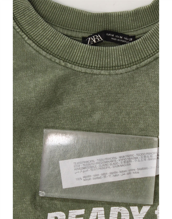 Zara Damen Grafik-Sweatshirt-Pullover UK 14 Mittelgrüne Baumwolle