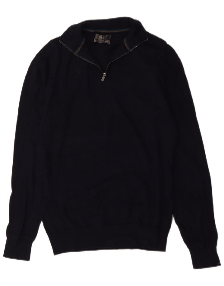 Marks & Spencer Herren-Pullover mit Reißverschluss am Hals, Größe S, marineblaue Merinowolle