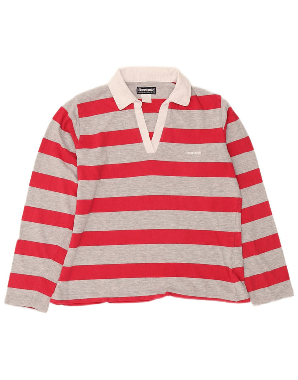 Reebok Damen Langarm-Poloshirt UK 16, groß, rosa gestreift, Baumwolle
