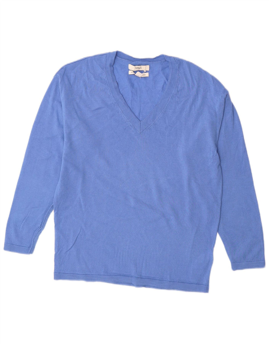Marks & Spencer Damen-Pullover mit V-Ausschnitt, Gr. 6, XS, blaue Merinowolle