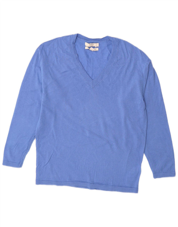 Marks & Spencer Damen-Pullover mit V-Ausschnitt, Gr. 6, XS, blaue Merinowolle
