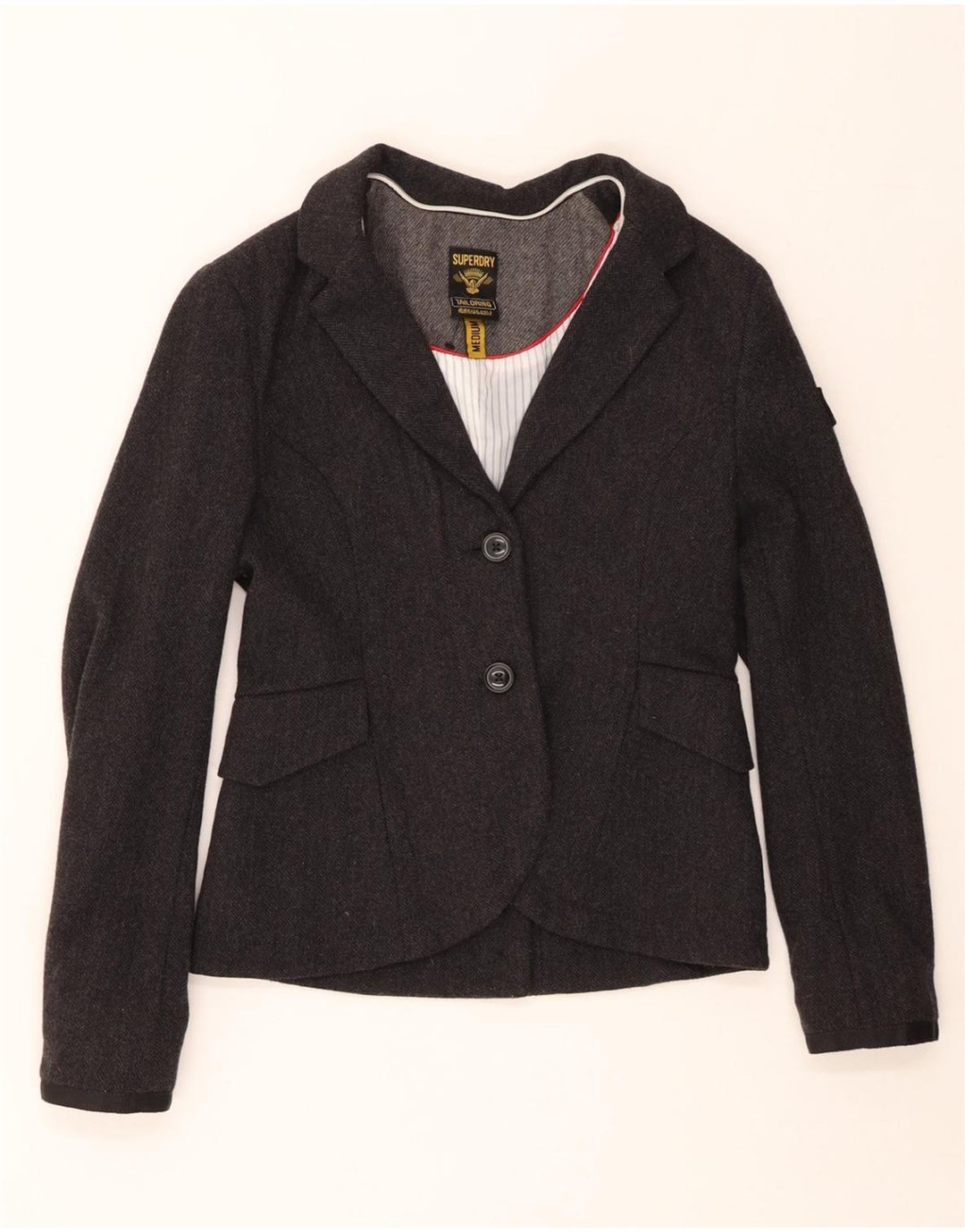 SUPERDRY Damen-Blazerjacke mit 2 Knöpfen, UK 12, mittelgraue Wolle mit Fischgrätenmuster