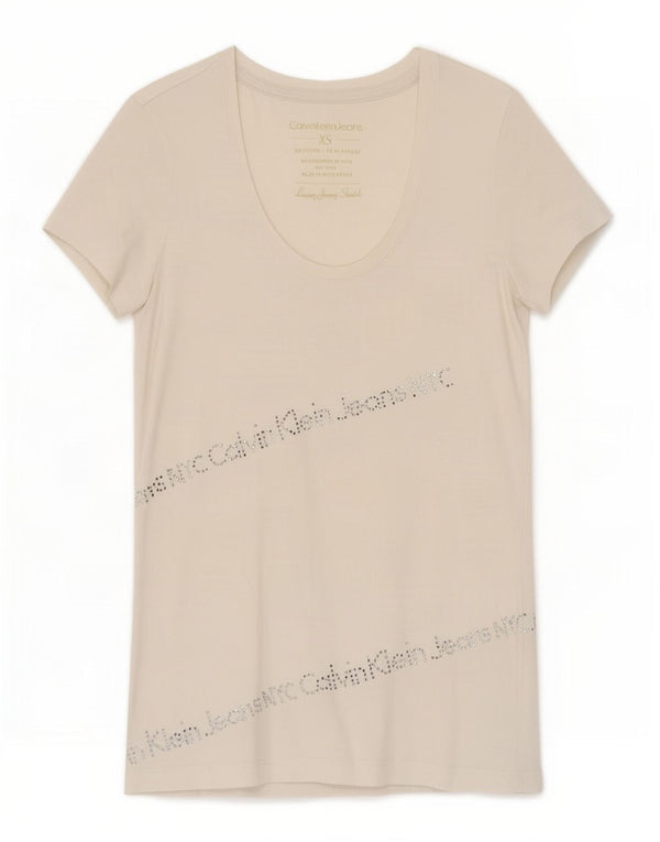 Calvin Klein Jeans Damen Grafik T-Shirt Top UK 4 XS Weiße Baumwolle