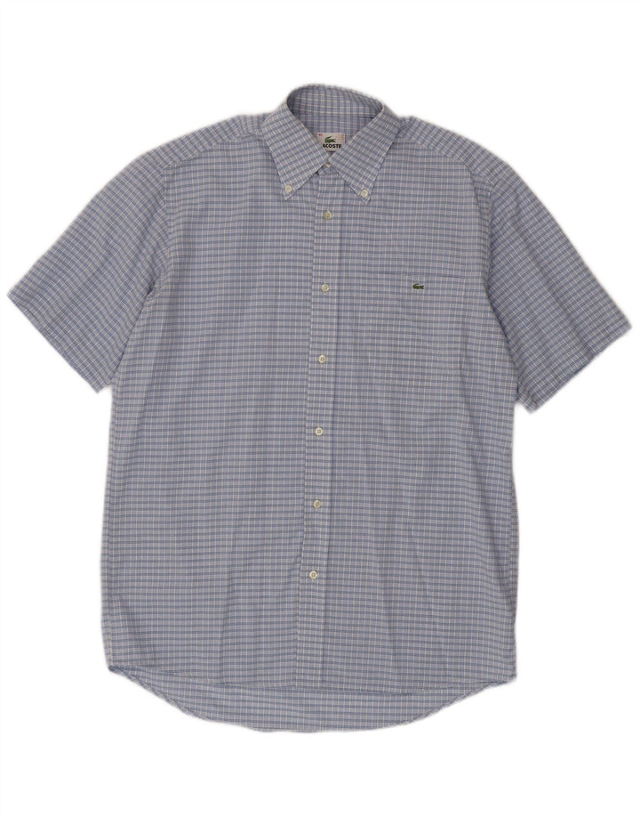 Lacoste Herren-Kurzarmhemd, Größe 40, mittelblau karierte Baumwolle
