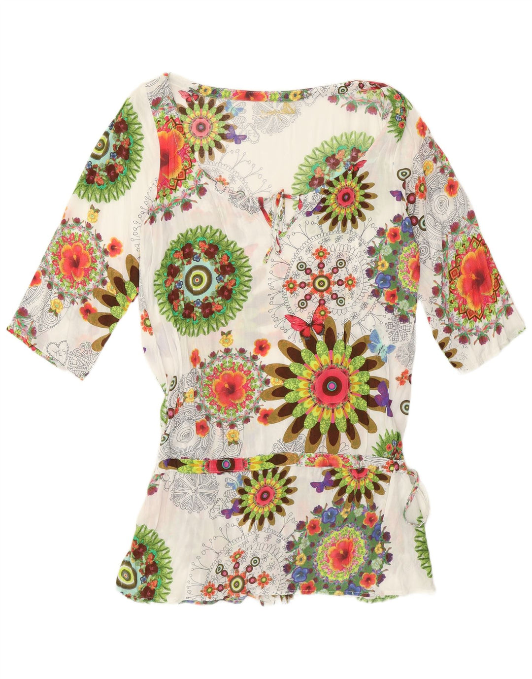 Desigual Damen-Tunika-Oberteil mit 3/4-Ärmeln, UK-Größe 12, mittelweiß, geblümt