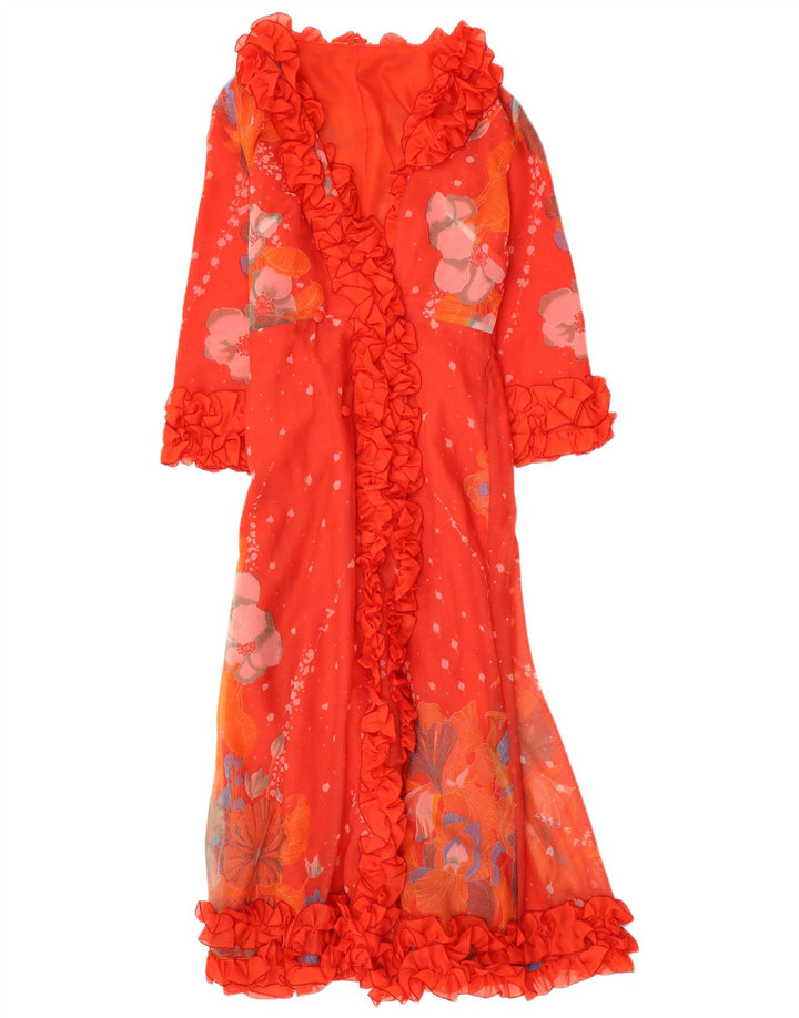 VINTAGE Maxikleid mit Rüschen für Damen, UK 12, mittelrot, geblümt