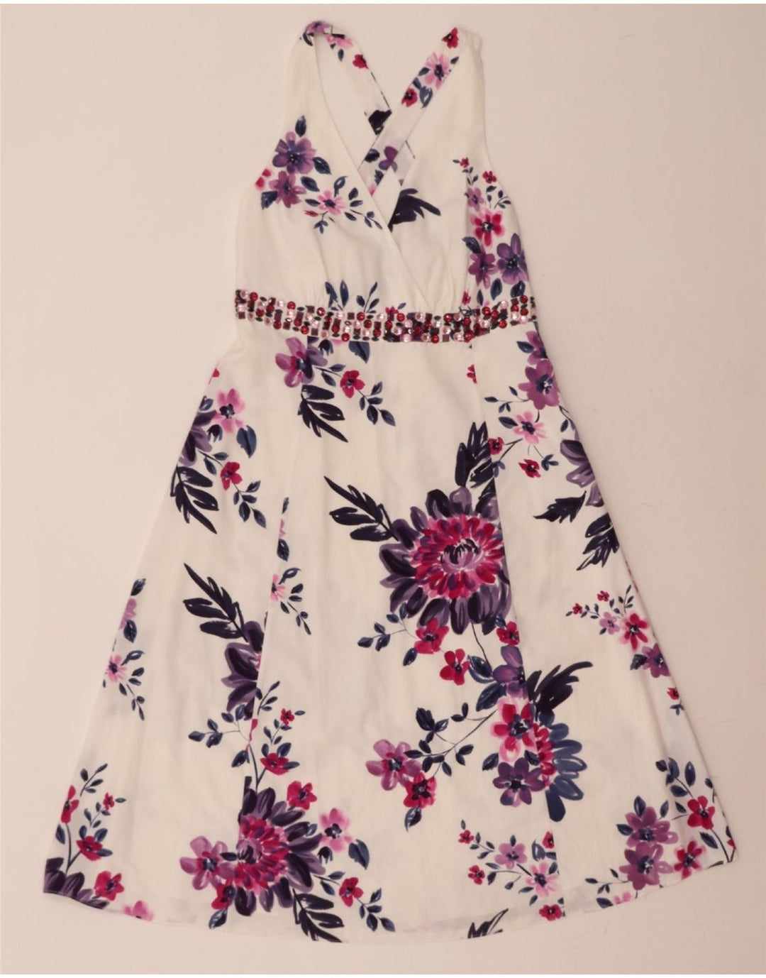 DEBUT Womens Sleeveless A-Line Dress UK 8 Small  White Floral Polyester Vintage Debut and Second-Hand Debut from Messina Hembry 
