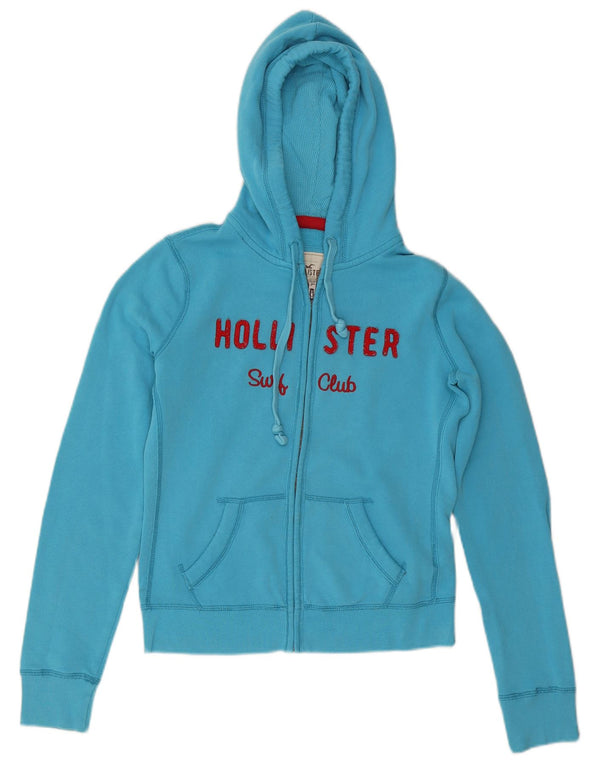 HOLLISTER Damen Graphic Zip Hoodie Pullover UK 14 Mittelblaue Baumwolle