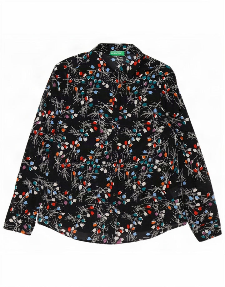 Benetton Damen-Hemd UK 14 Mittelschwarze geblümte Baumwolle