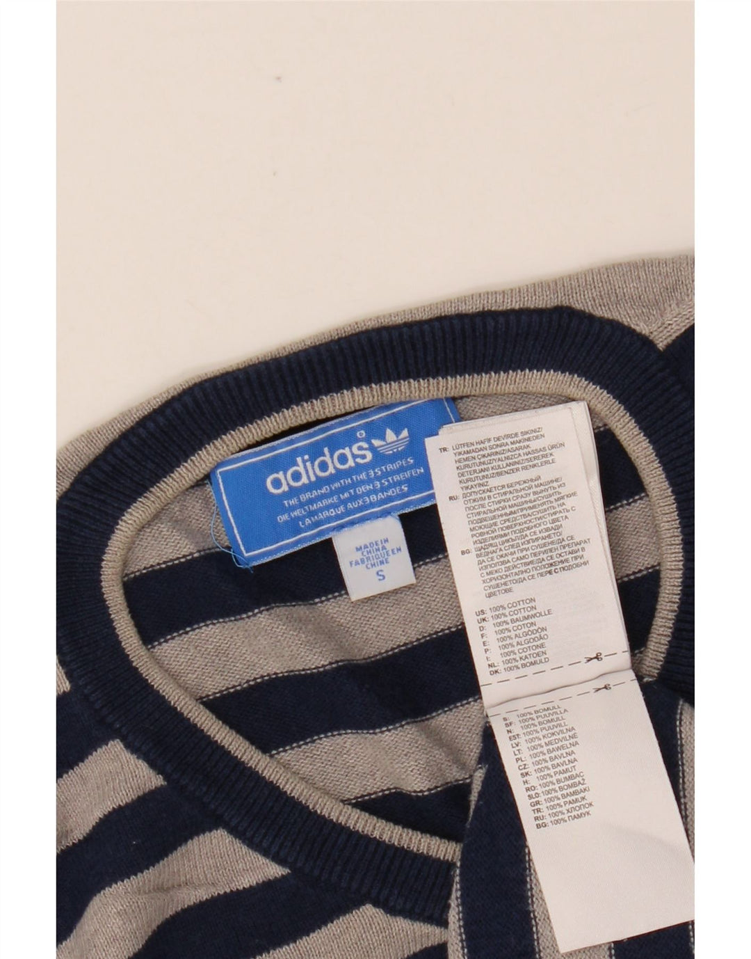 ADIDAS Herren-Pullover mit V-Ausschnitt, klein, marineblau, gestreift, Baumwolle