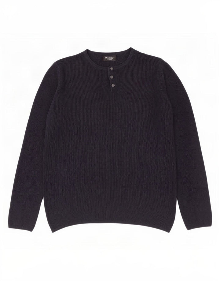 Zara Herren-Pullover mit Knopfkragen, klein, Marineblau, Acryl