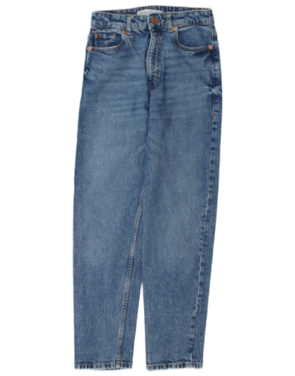 Zara Damen High Waist Tapered Jeans EU 36 XS W26 L27 Blaue Baumwolle