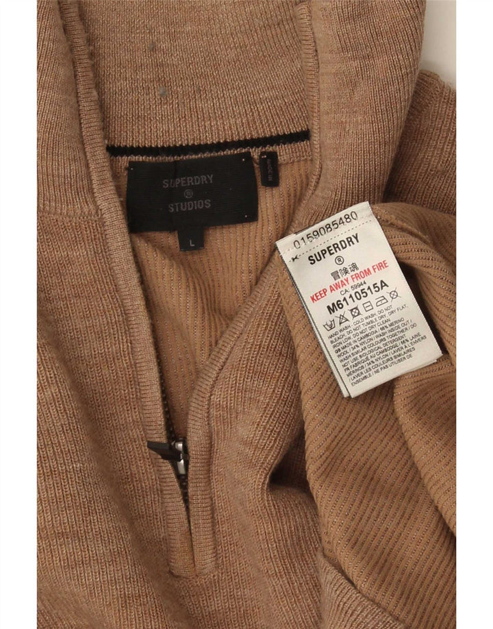 Superdry Herren-Pullover mit Reißverschluss am Hals, große braune Merinowolle