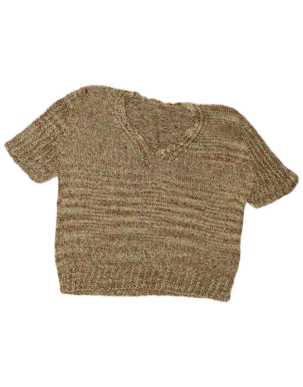 Vintage Damen Crop V-Ausschnitt Pullover Pullover UK 14 Medium Khaki Flecked