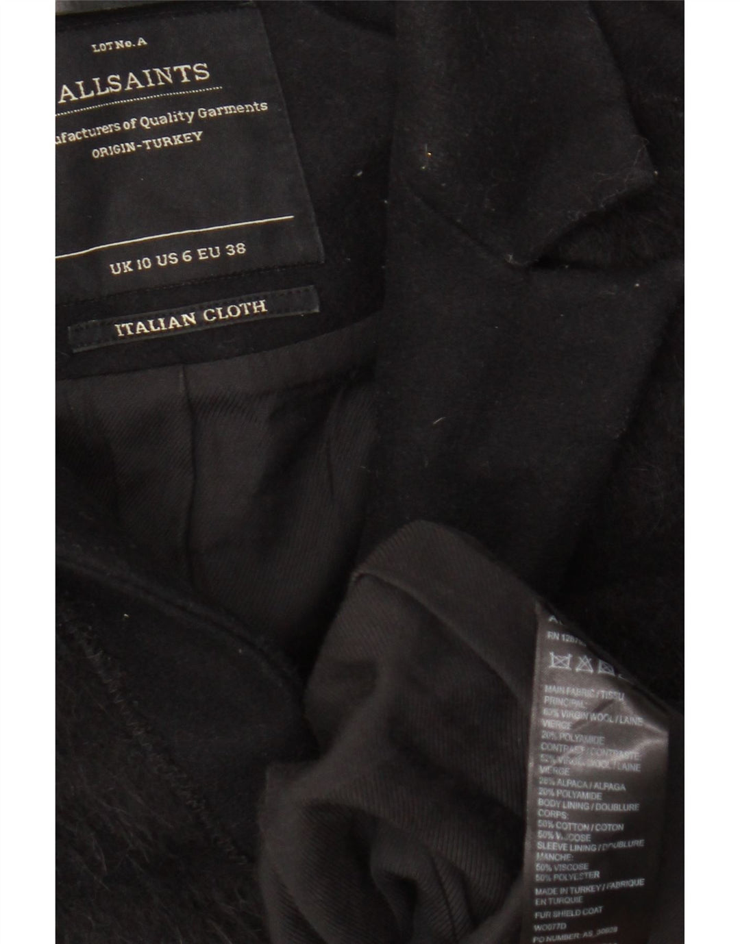 All Saints Damenmantel UK 10 Small Schwarz gestreifte Schurwolle