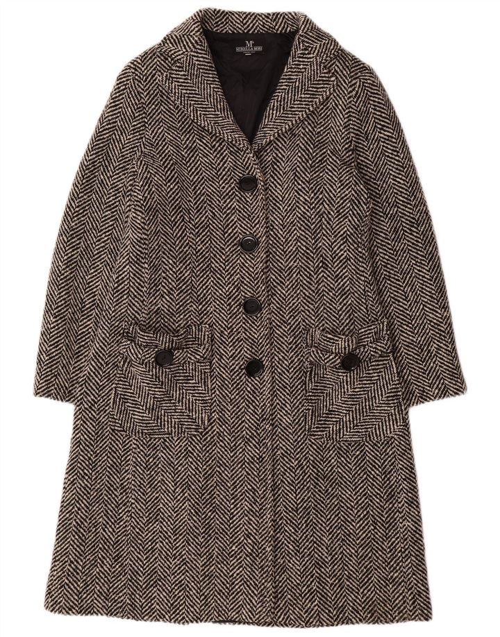 MIRELLA MORI Damen Übergroßer Mantel UK 18 XL Schwarze Wolle mit Fischgrätenmuster