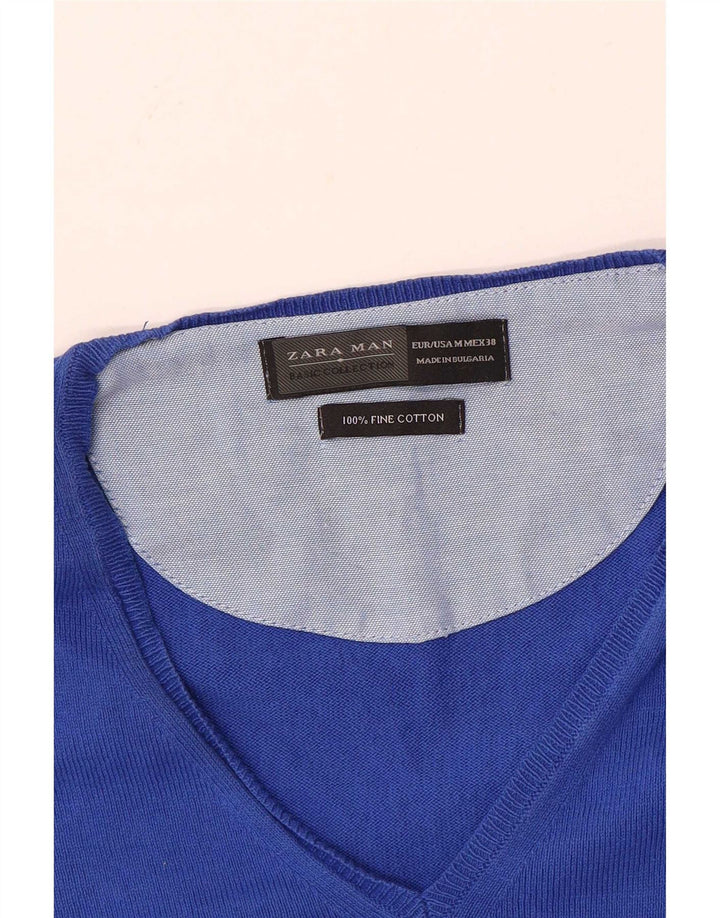 Zara Herren-Pullover mit V-Ausschnitt, mittelblaue Baumwolle