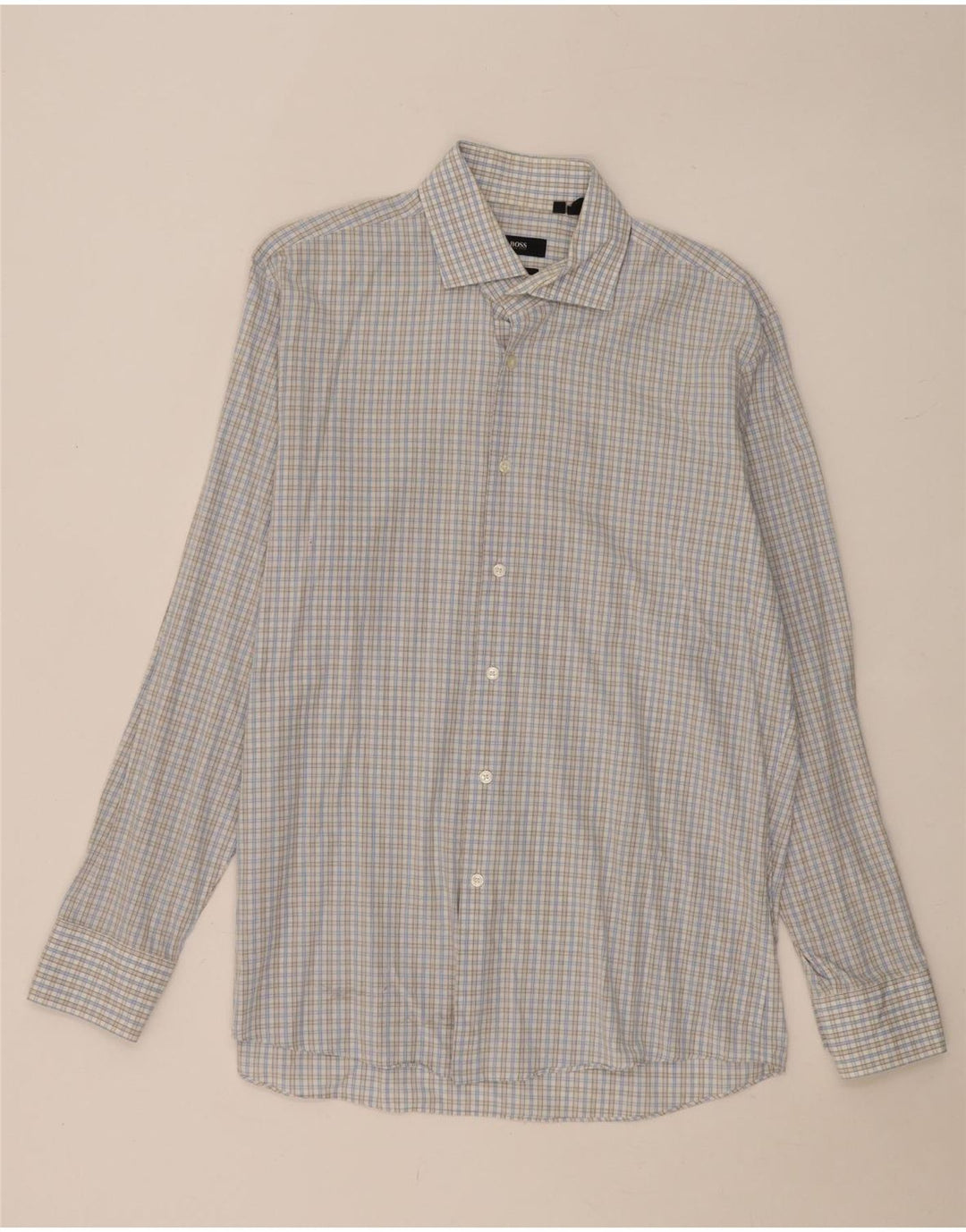 Hugo Boss Herren-Hemd mit normaler Passform, Größe 16 1/2, große blaue Gingham-Baumwolle