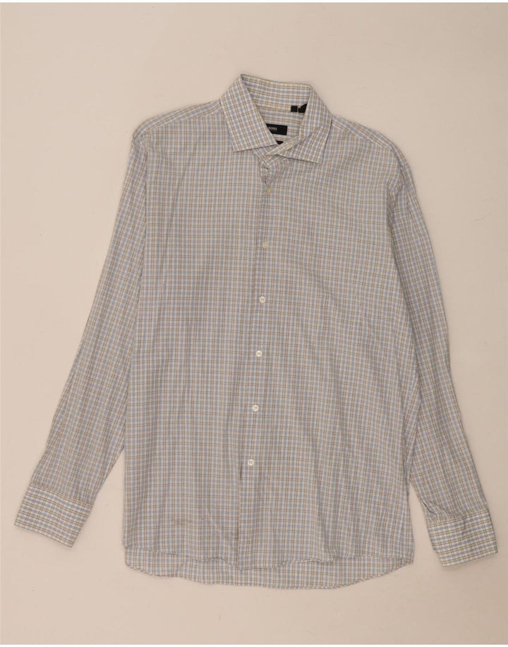 Hugo Boss Herren-Hemd mit normaler Passform, Größe 16 1/2, große blaue Gingham-Baumwolle