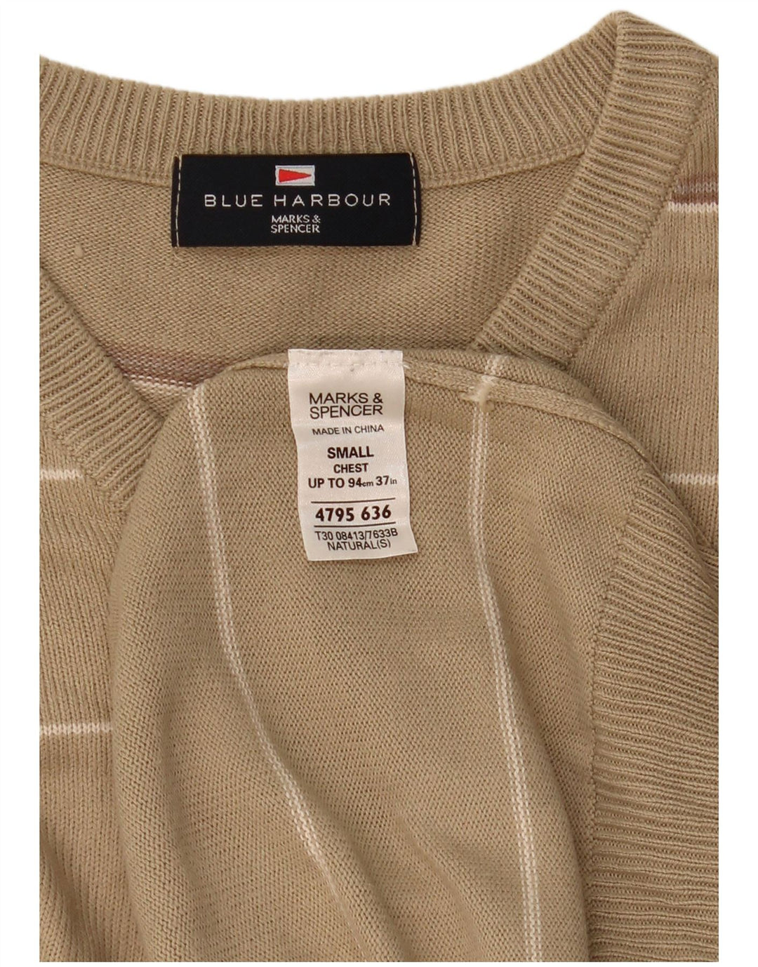 Marks & Spencer Herren Blue Harbor V-Ausschnitt Pullover Pullover Small Beige gestreift