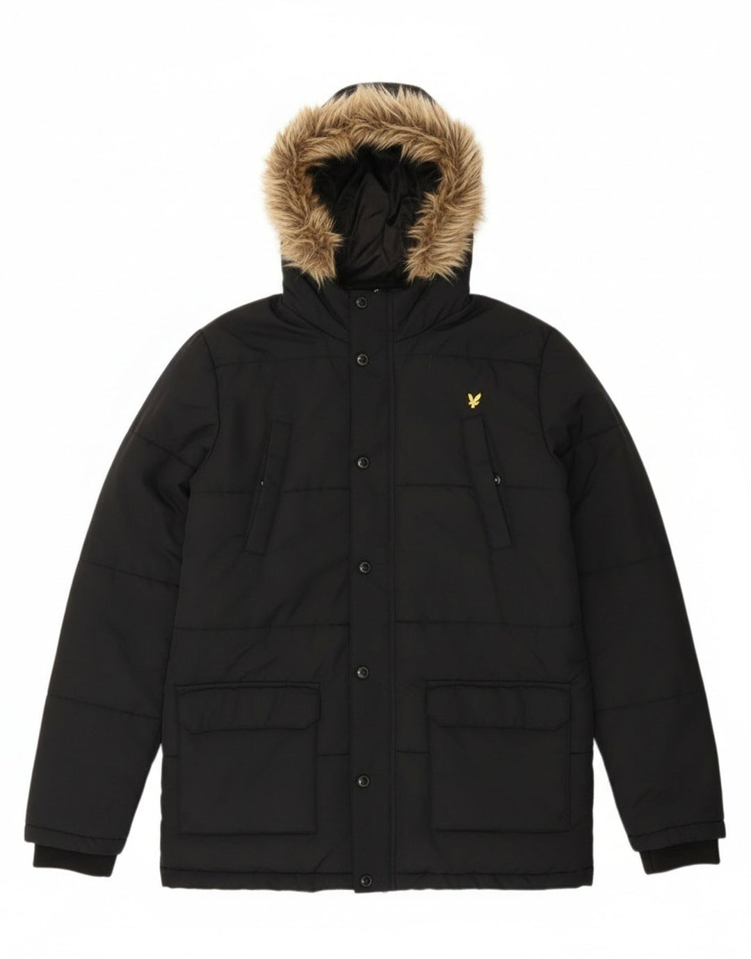 Lyle & Scott Wattierte Jungenjacke mit Kapuze, 14–15 Jahre, schwarzes Polyamid