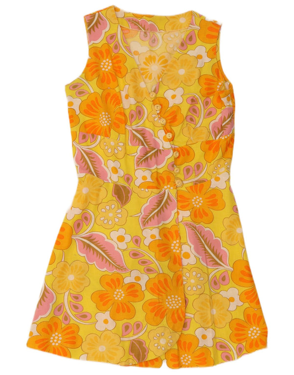 Vintage Damen Ärmelloses A-Linien-Kleid UK 12 Mittelgelb geblümt