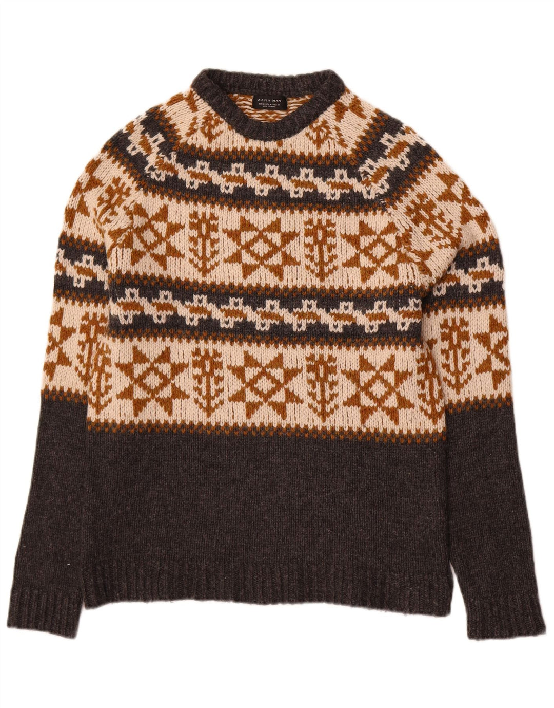 Zara Herren-Pullover mit Rundhalsausschnitt, Mittelgrau, Fair-Isle-Acryl