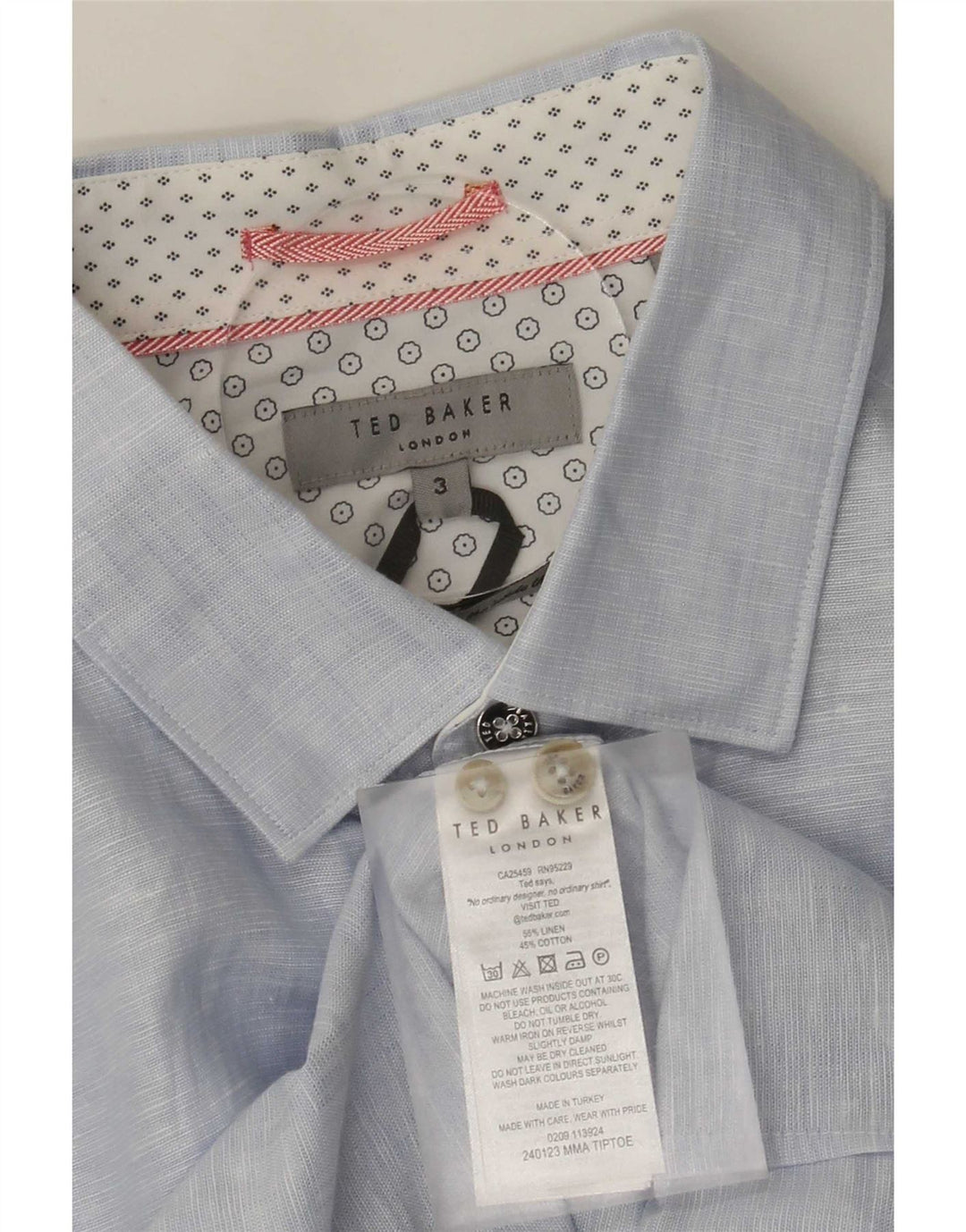 Ted Baker Herrenhemd, Größe 3, mittelblau geflecktes Leinen
