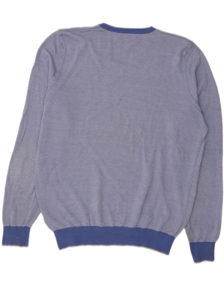 Massimo Dutti Herren-Pullover mit V-Ausschnitt, groß, aus blauer Baumwolle