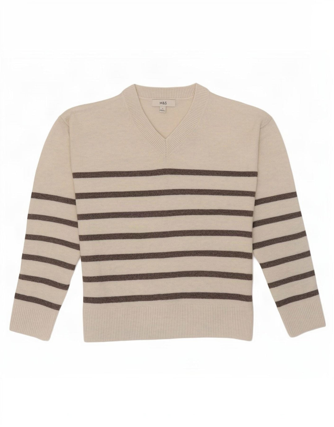 Marks & Spencer Damen-Pullover mit V-Ausschnitt, Gr. 10, Größe S, gebrochenes Weiß, gestreift