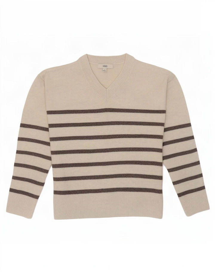 Marks & Spencer Damen-Pullover mit V-Ausschnitt, Gr. 10, Größe S, gebrochenes Weiß, gestreift