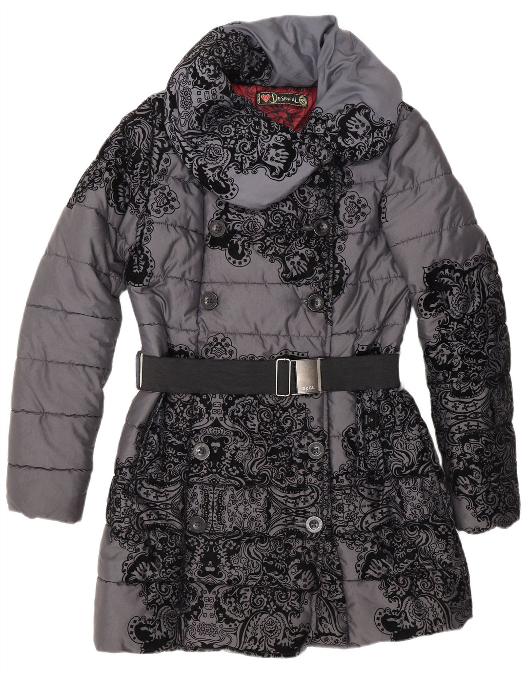 Desigual Damen Zweireihiger wattierter Mantel EU 38 Mittelgrau geblümt
