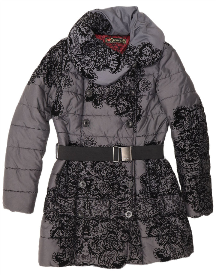 Desigual Damen Zweireihiger wattierter Mantel EU 38 Mittelgrau geblümt