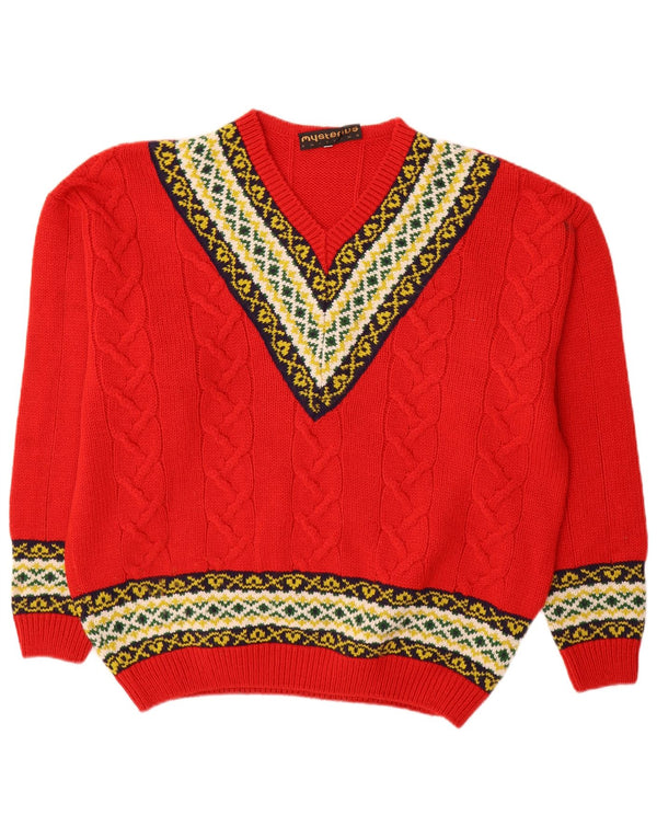 Vintage Herren V-Ausschnitt Pullover Pullover XL Rot Fair Isle Wolle