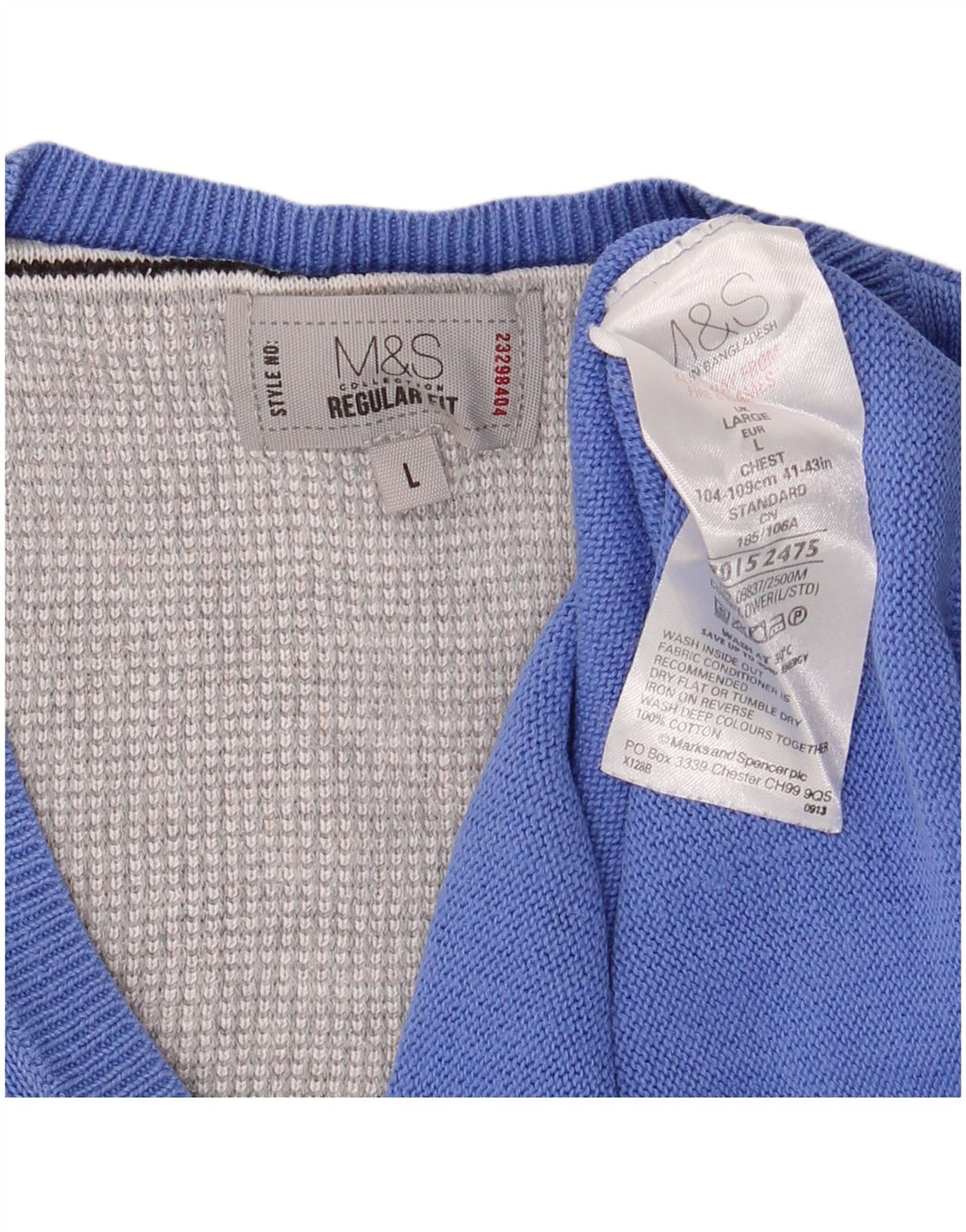 Marks & Spencer Herren-Pullover, reguläre Passform, V-Ausschnitt, Größe L, Blau, Baumwolle