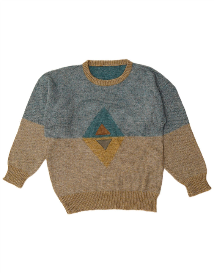 Vintage Herren-Pullover mit grafischem Rundhalsausschnitt, Mittelblau, Farbblock