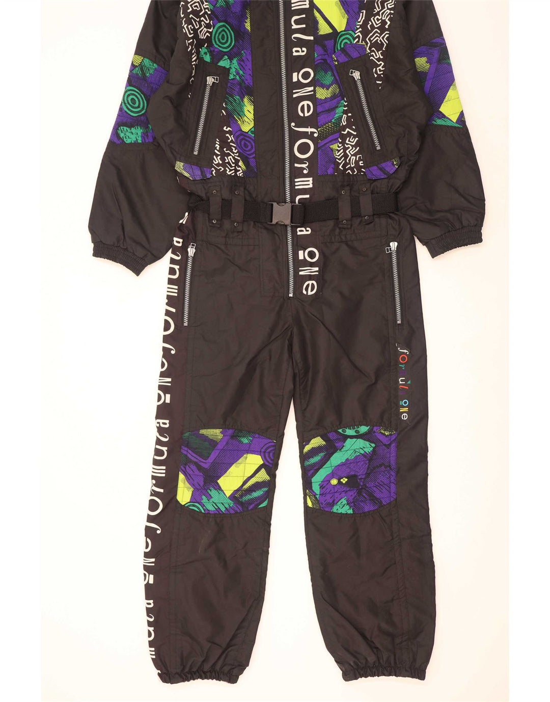 Vintage Herren Skioverall mit Grafik, EU 52, großes schwarzes geometrisches Polyamid