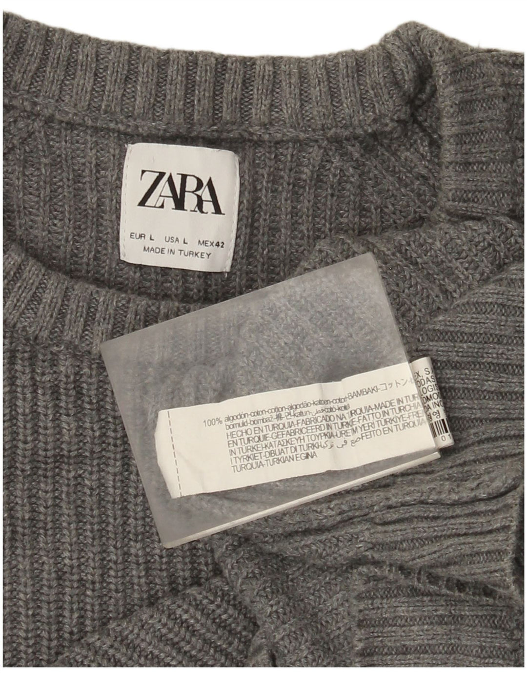 Zara Herren-Pullover mit Rundhalsausschnitt, groß, graue Baumwolle