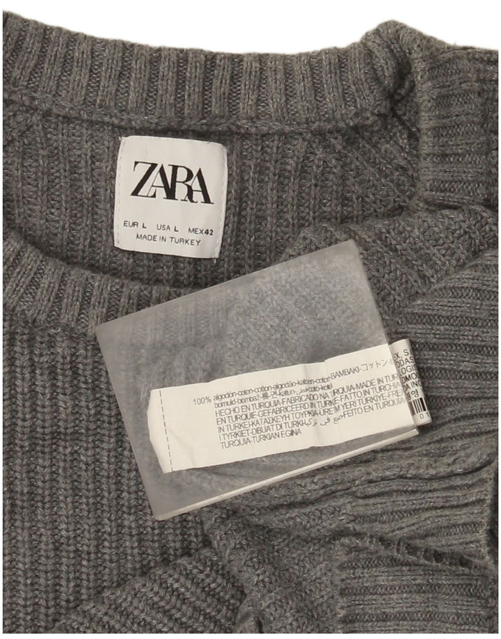 Zara Herren-Pullover mit Rundhalsausschnitt, groß, graue Baumwolle
