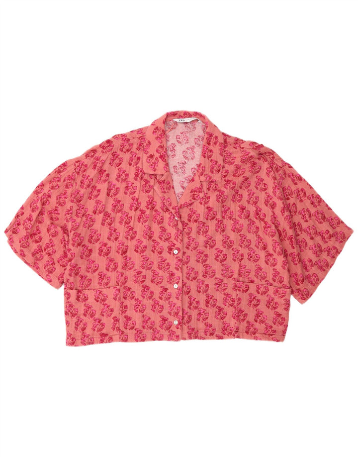 Zara Damen-Oversize-Kurzarm-Hemdbluse, Größe 44, Mittelrosa mit Blumenmuster