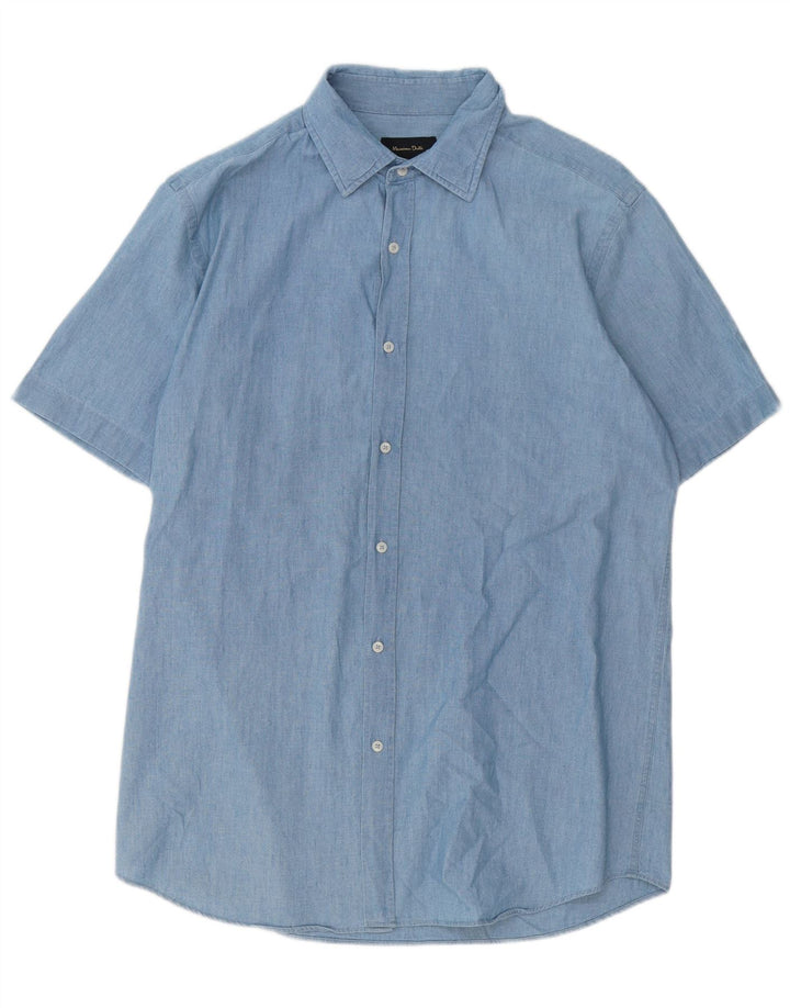 Massimo Dutti Herren-Kurzarmhemd, groß, blaue Baumwolle