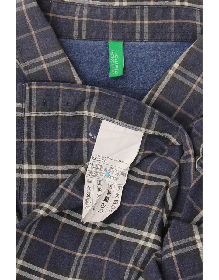 Benetton Herrenhemd 2XL Marineblau kariert Baumwolle
