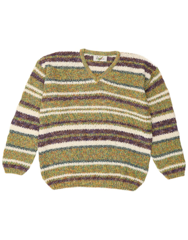 Vogue Damen-Pullover mit V-Ausschnitt, Gr. 14, mittelgrün, gestreift, Baumwolle