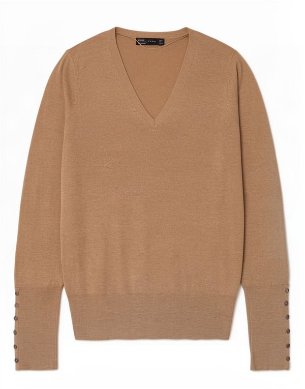 Zara Damen-Pullover mit V-Ausschnitt, UK 14, Größe L, Beige, Viskose