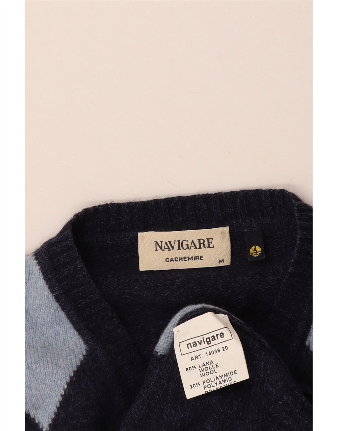 Navigare Herren-Pullover mit V-Ausschnitt, mittleres Marineblau, Argyle-/Diamant-Wolle