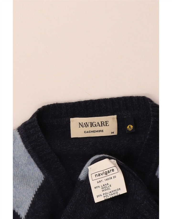 Navigare Herren-Pullover mit V-Ausschnitt, mittleres Marineblau, Argyle-/Diamant-Wolle