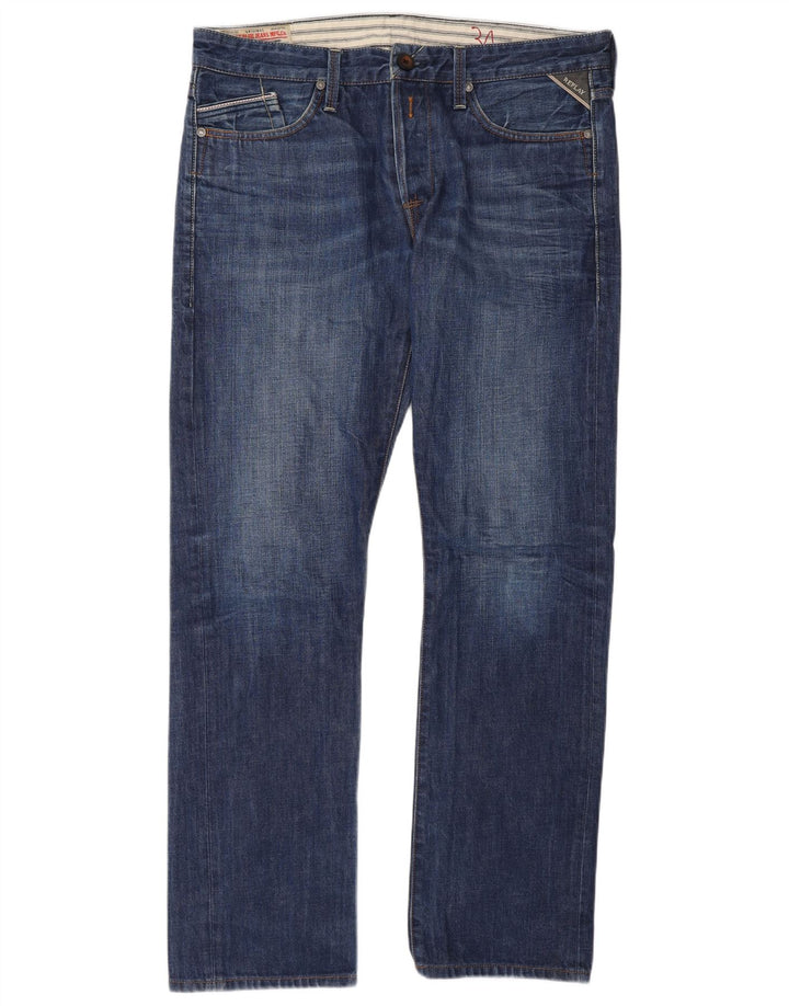 Replay Herren Straight Jeans W34 L32 Blaue Baumwolle